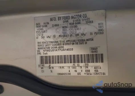 2007 Ford Explorer Sport Trac Xlt z USA, uszkodzony, nr VIN 1FMEU51K77UA14533